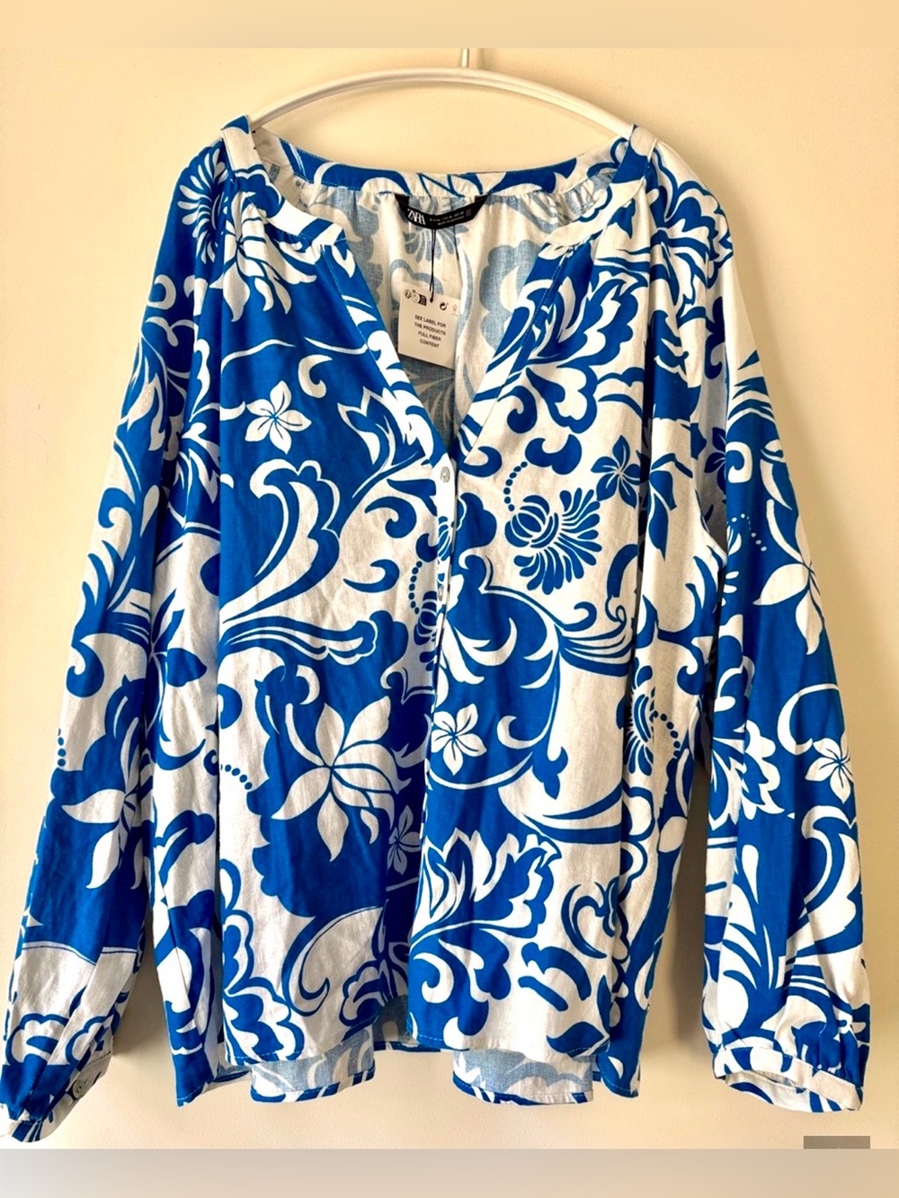 Zara Blue & White Floral Button-Front Women’s Top size XL NWT